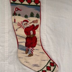 Vintage Needlepoint Christmas Stocking Santa Golfing Handmade Holiday EUC